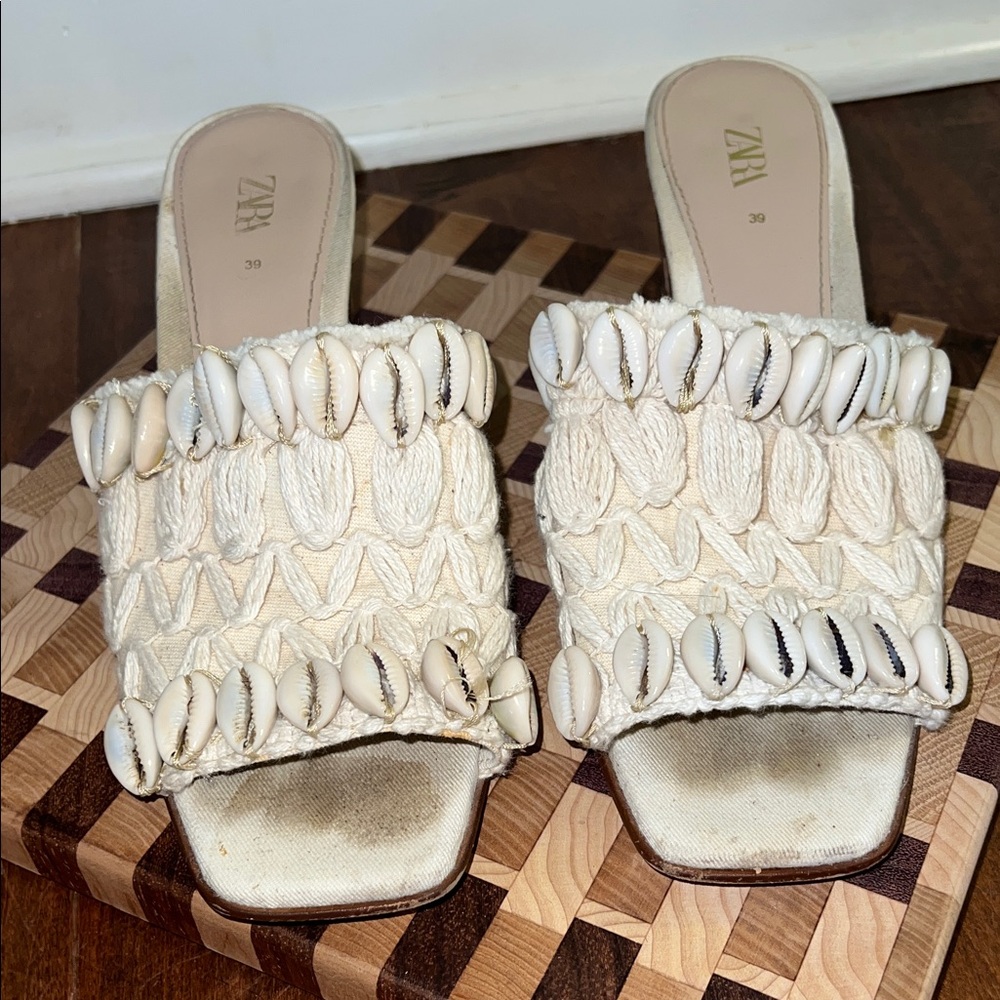 Zara White Shell Embellished Mules